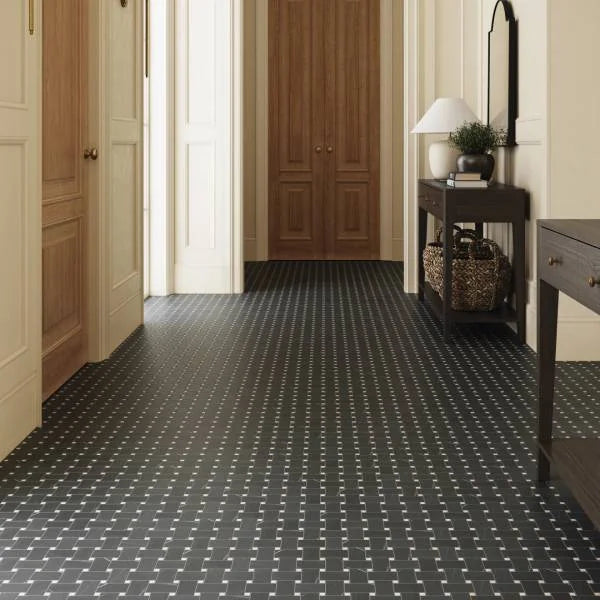 Jumbo Basketweave Pietra Grey with Thassos Dot Honed 11.25x11.25 Marble Mosaic