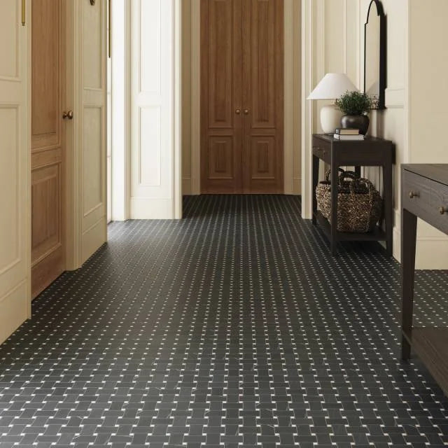 Jumbo Basketweave Sahara Noir & Beige Dot 11.25x11.25 Honed Marble Mosaic