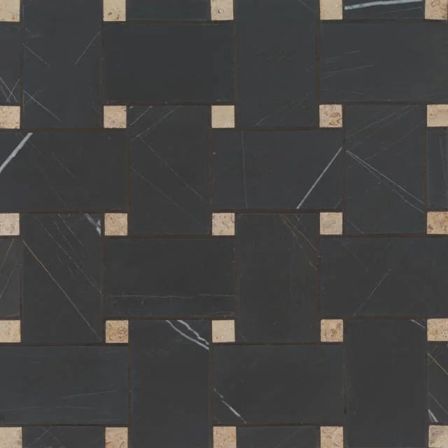 Jumbo Basketweave Sahara Noir & Beige Dot 11.25x11.25 Honed Marble Mosaic