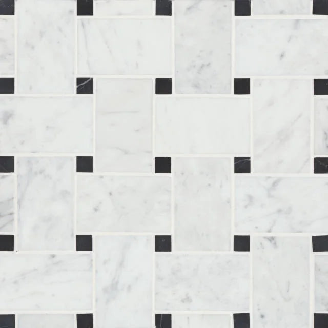 Jumbo Basketweave White Carrara & Absolute Black Dot 11.25x11.25 Honed Marble Mosaic