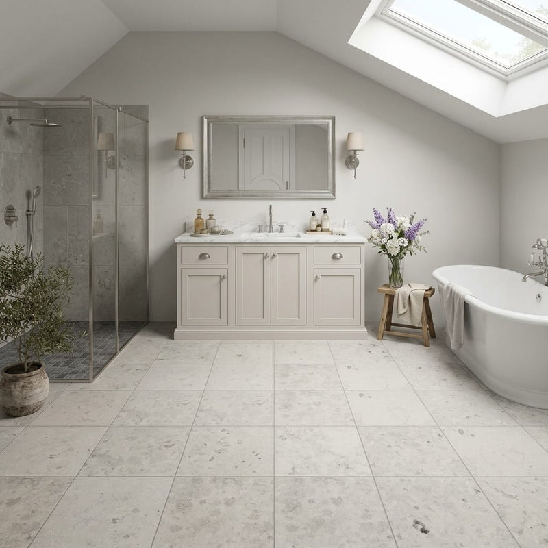 Jura Gray Honed 12x12 Limestone Tile — Bathroom floor