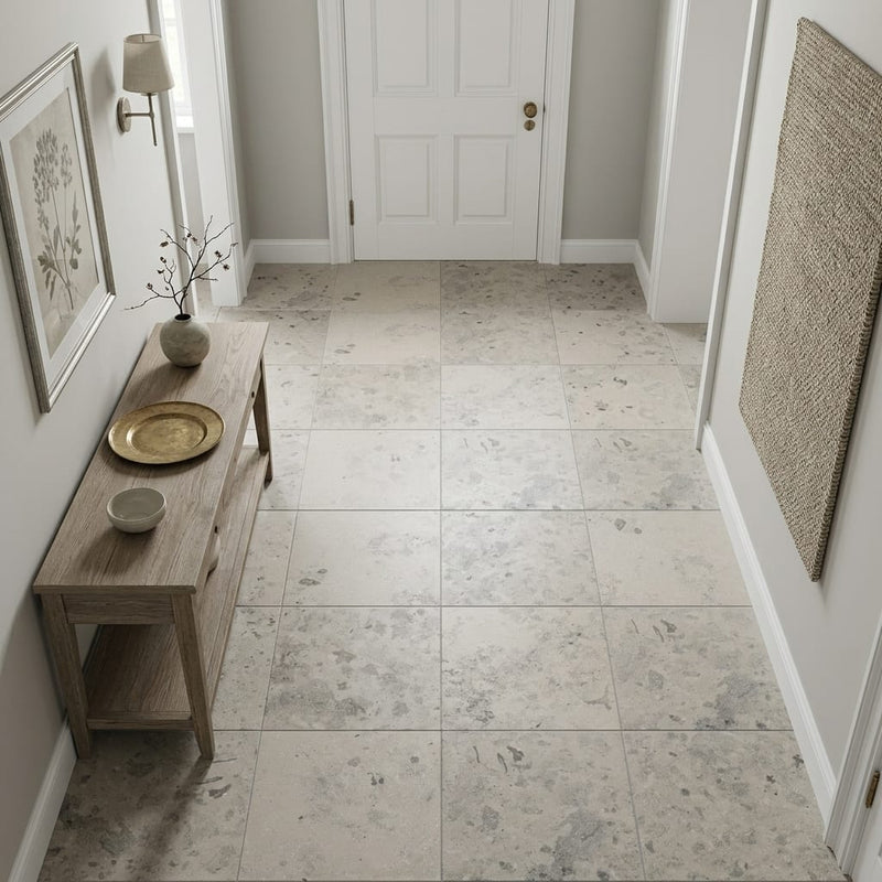 Jura Gray Honed 12x12 Limestone Tile — Hallway floor
