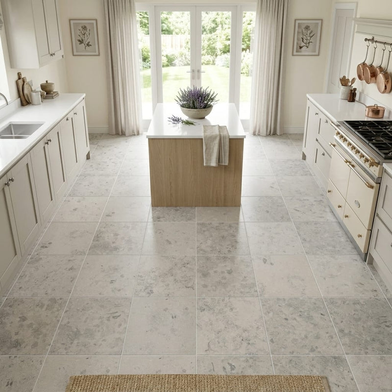 Jura Gray Honed 12x12 Limestone Tile — Kitchen floor
