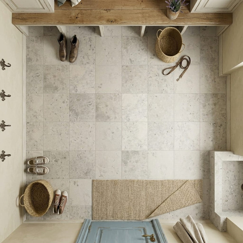 Jura Gray Honed 12x12 Limestone Tile — Mudroom floor