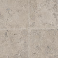 Jura Grey 24x24x0.56 honed limestone tiles with warm gray-beige tones and natural fossil markings in a four-tile layout.