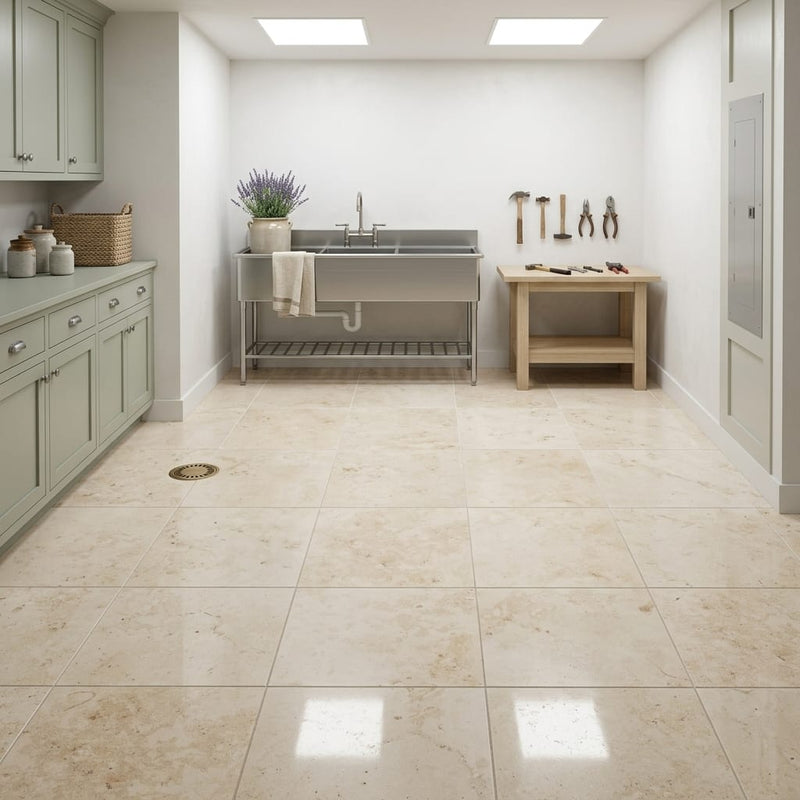 Jurastone Beige Limestone Tile 12x12 Honed 3/8 inch — Basement floor