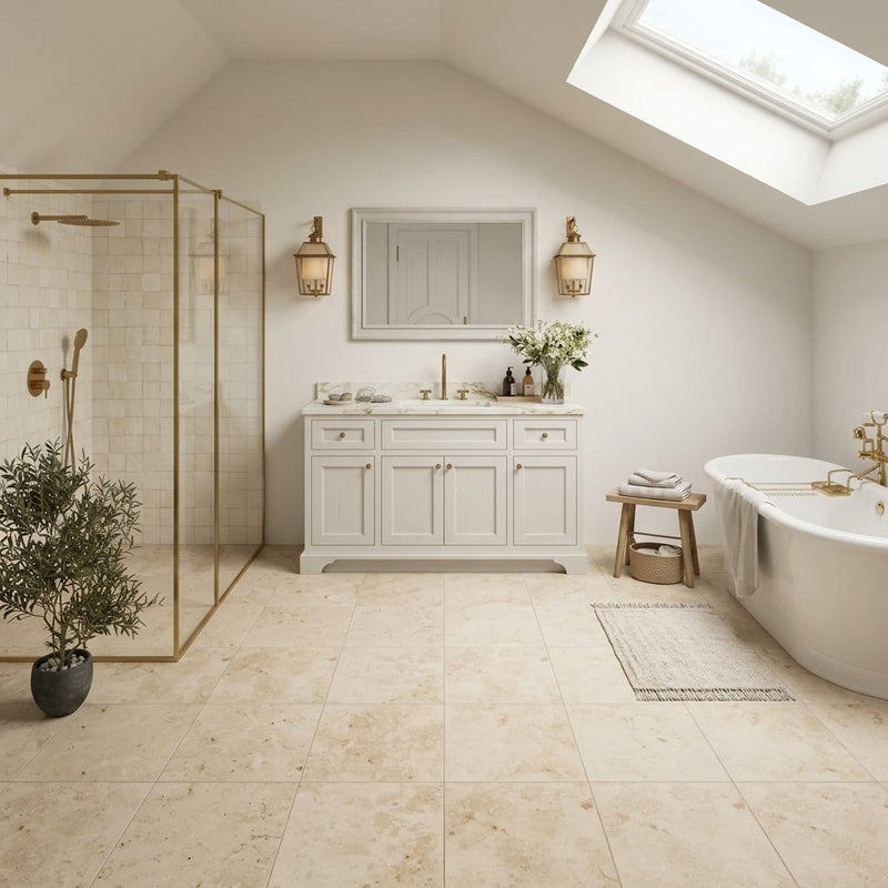 Jurastone Beige Limestone Tile 12x12 Honed 3/8 inch — Bathroom floor