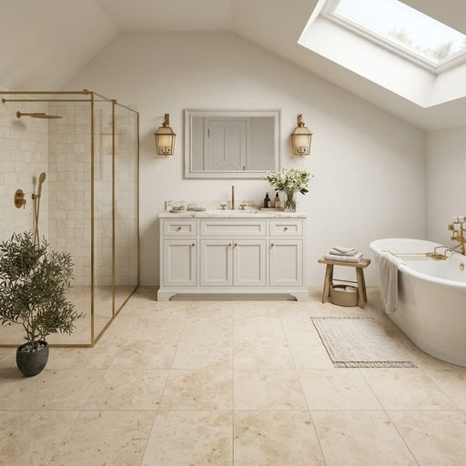 Jurastone Beige Limestone Tile 12x12 Honed 3/8 inch — Bathroom floor
