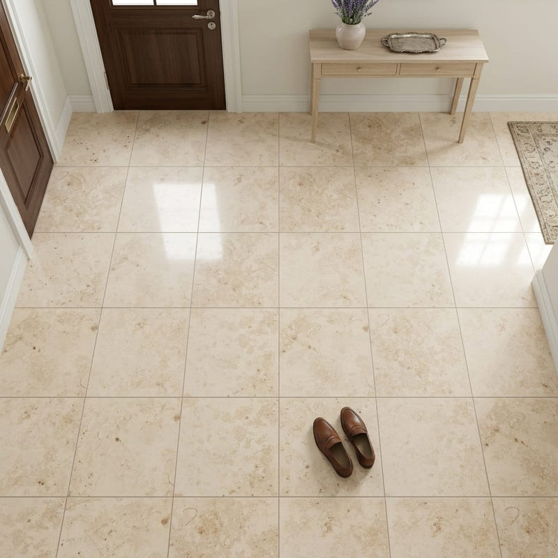 Jurastone Beige Limestone Tile 12x12 Honed 3/8 inch — Foyer floor