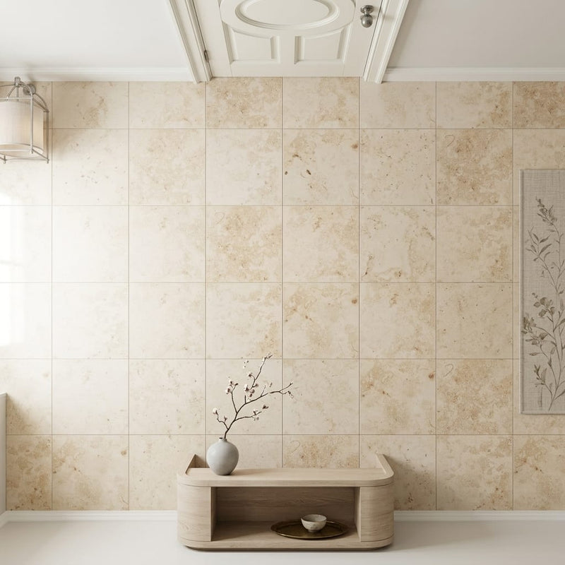 Jurastone Beige Limestone Tile 12x12 Honed 3/8 inch — Hallway floor