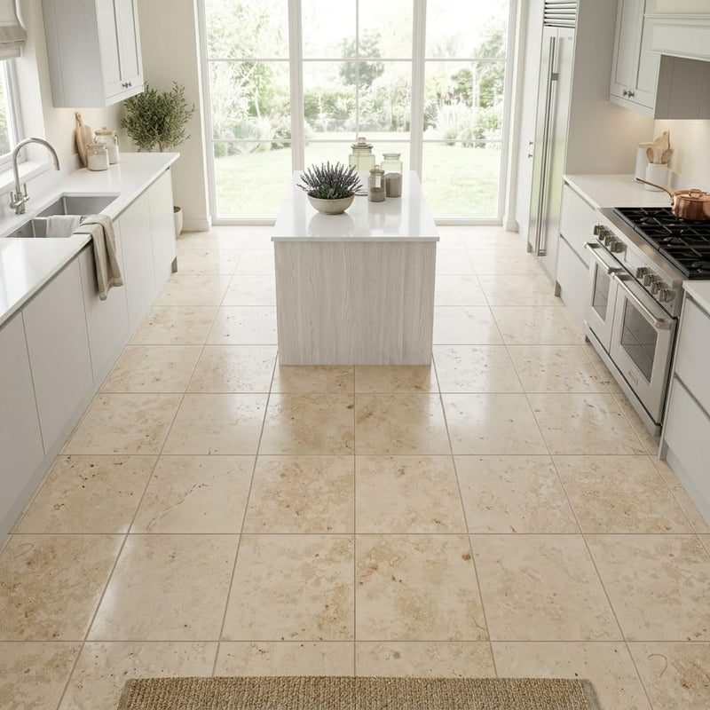 Jurastone Beige Limestone Tile 12x12 Honed 3/8 inch — Kitchen floor