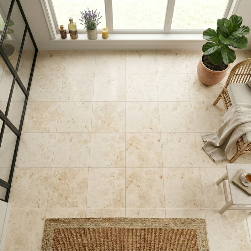 Jurastone Beige Limestone Tile 12x12 Honed 3/8 inch — Sunroom floor