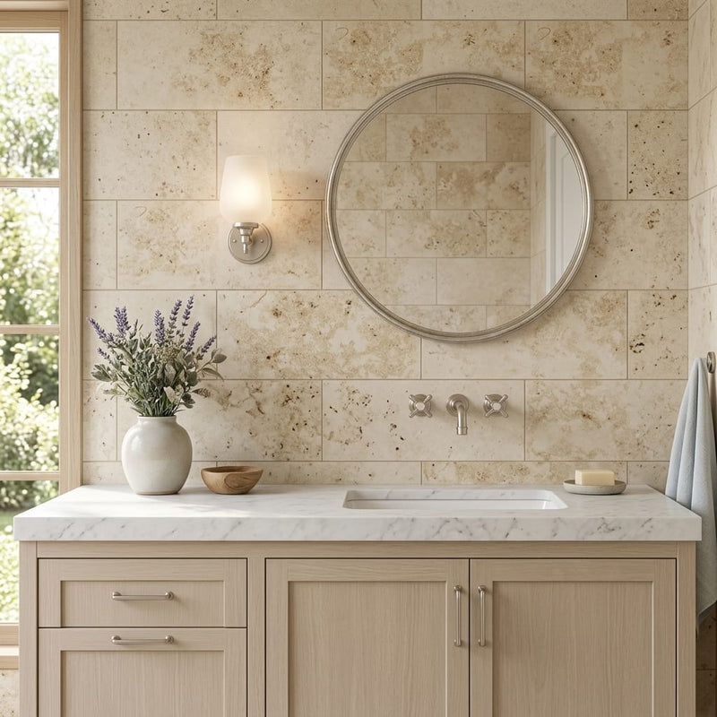Jurastone Beige Limestone Tile 12x24 Honed 3/8 inch — Bathroom vanity wall