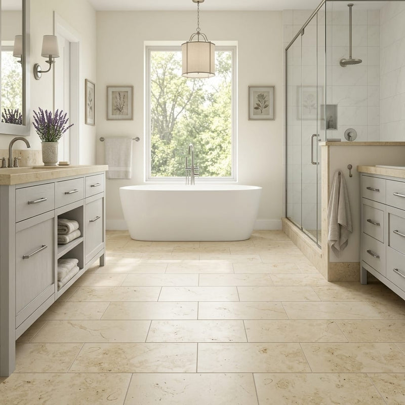 Jurastone Beige Limestone Tile 12x24 Honed 3/8 inch — Primary Bath floor