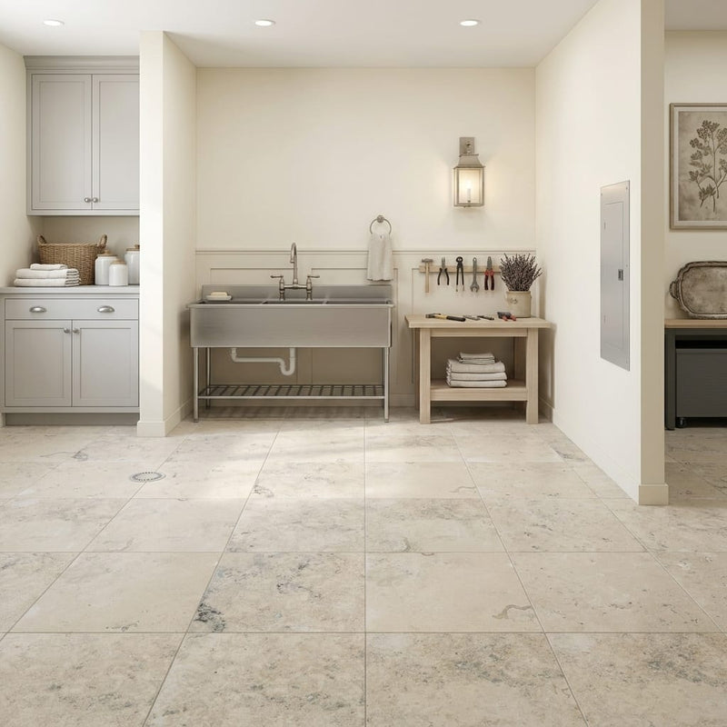 Jurastone Grey Limestone Tile 12x12 Honed 3/8 inch — Basement floor