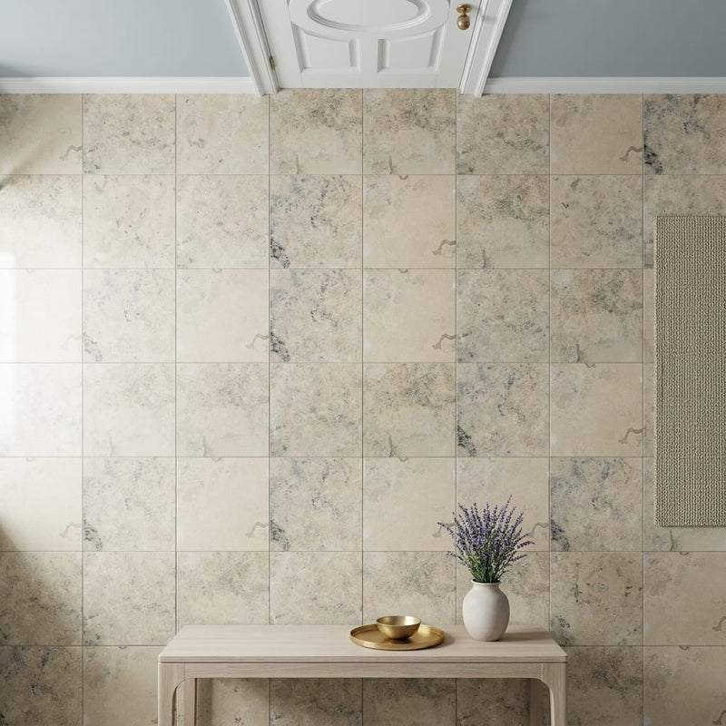 Jurastone Grey Limestone Tile 12x12 Honed 3/8 inch — Hallway floor