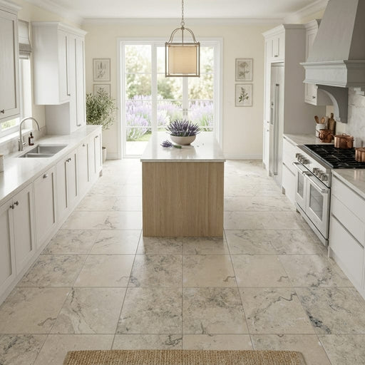 Jurastone Grey Limestone Tile 12x12 Honed 3/8 inch — Kitchen floor