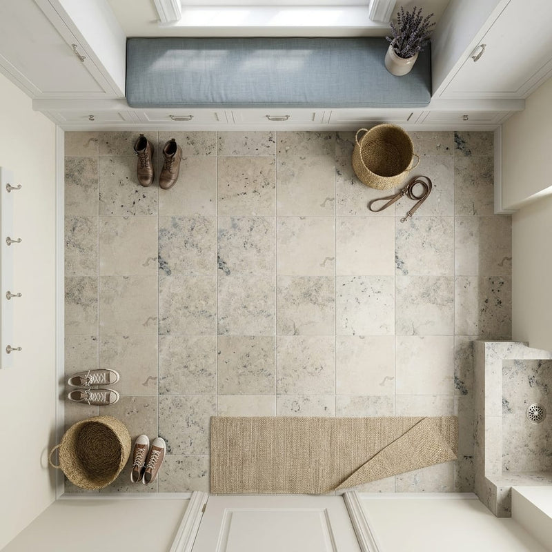 Jurastone Grey Limestone Tile 12x12 Honed 3/8 inch — Mudroom floor