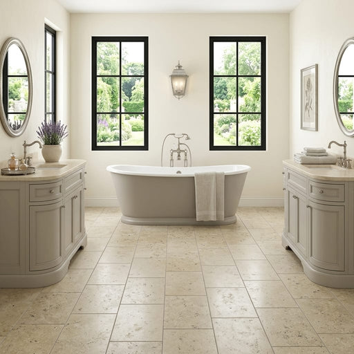 Jurastone Grey Limestone Tile 12x24 Honed 3/8 inch — Bathroom floor