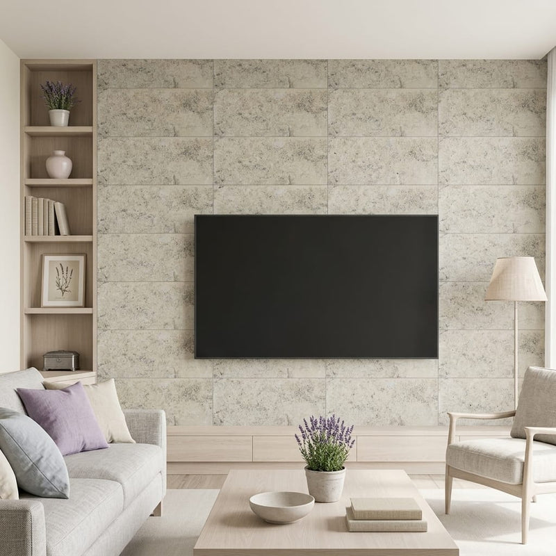 Jurastone Grey Limestone Tile 12x24 Honed 3/8 inch — Living Room feature wall