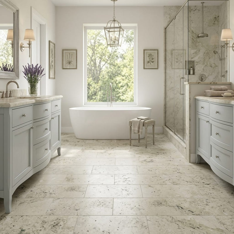 Jurastone Grey Limestone Tile 12x24 Honed 3/8 inch — Primary Bath floor