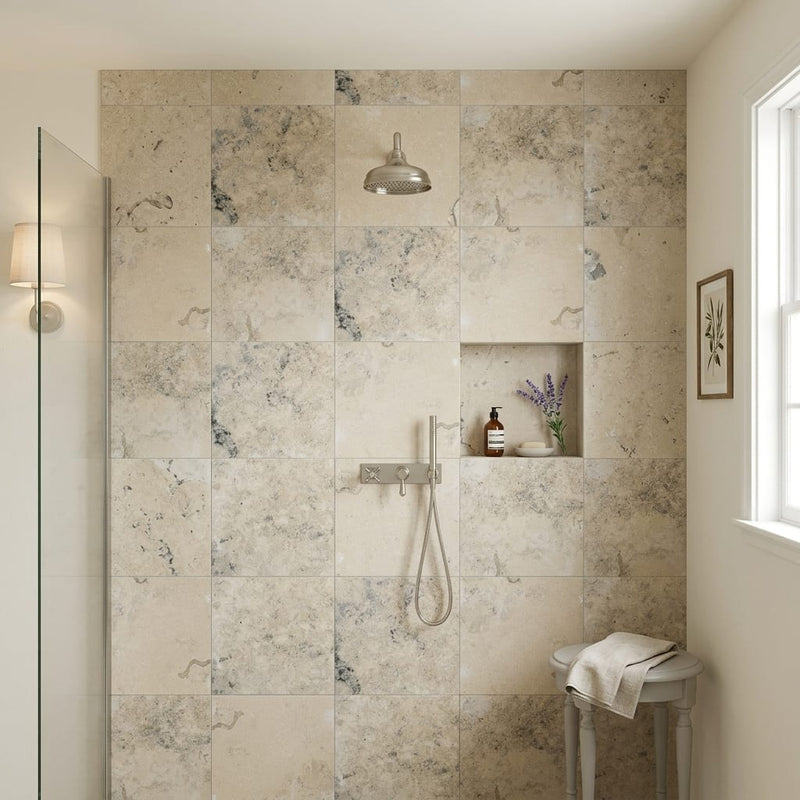 Jurastone Grey Limestone Tile 24x24 Honed — Bathroom shower wall