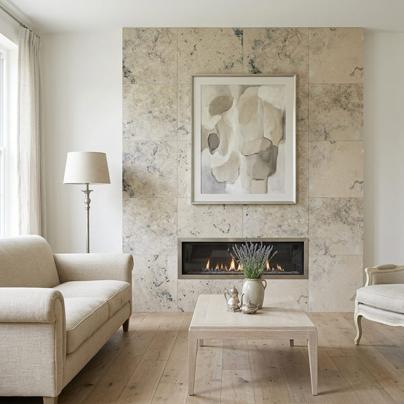 Jurastone Grey Limestone Tile 24x24 Honed — Living Room feature wall