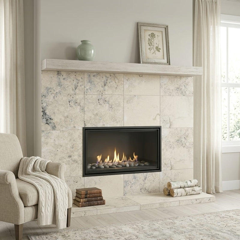 Jurastone Grey Limestone Tile 24x24 Honed — Living Room fireplace surround