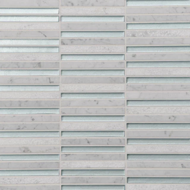 Kaikos Blue & White Carrara 12x11.75 3/8x4 Stacked Glass Stone Mosaic