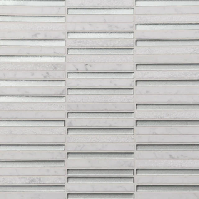 Kaikos Silver & White Carrara 3/8x4 Stacked 12x11.75 Glass Mosaic