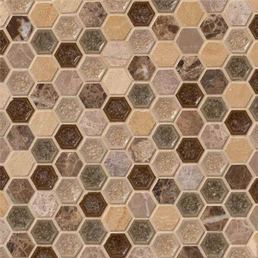 Kensington hexagon glass and stone blend mosaic with beige, brown and muted olive pieces showing varied natural textures.