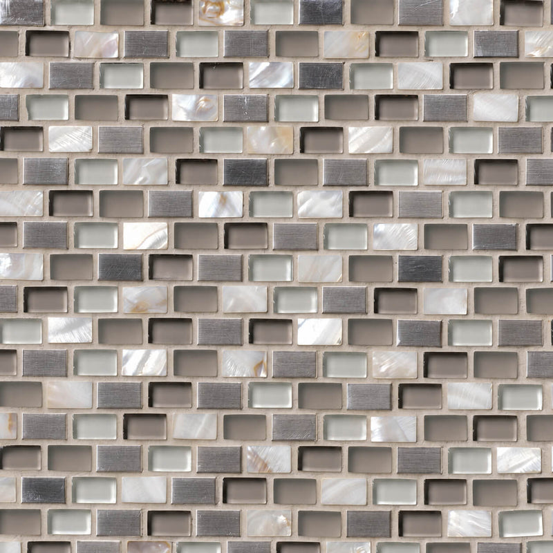 Keshi Blend 8mm mini brick glass and metal mosaic tile featuring smoky gray glass, brushed silver accents, and pearlescent white pieces.