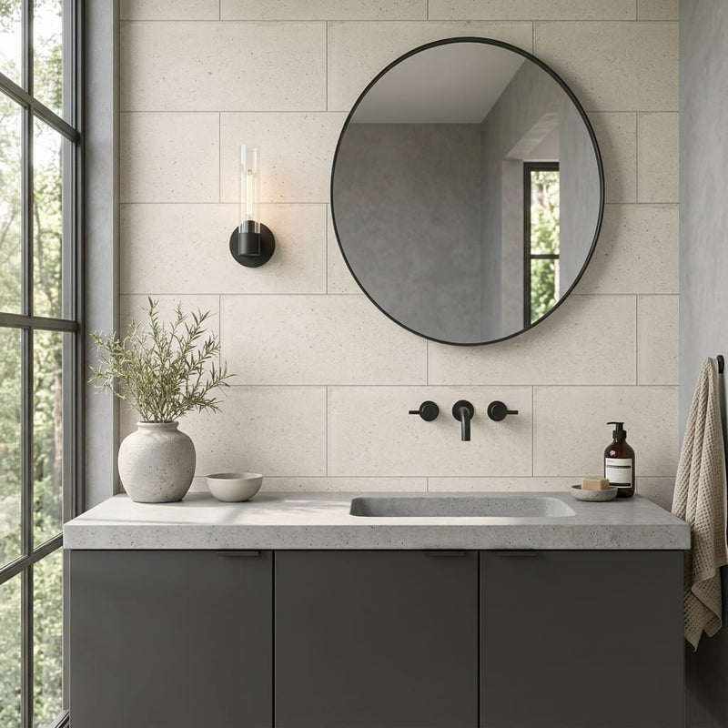 Konkrete Bianco Matte 12x24 Porcelain Tile — Bathroom vanity wall
