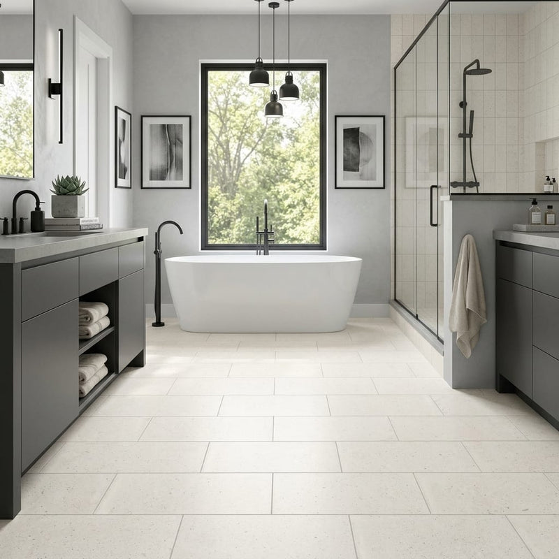 Konkrete Bianco Matte 12x24 Porcelain Tile — Primary Bath floor