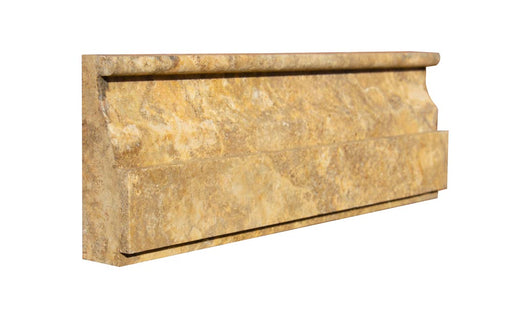 Close-up of Autumn Leaves Scabos Travertine Honed 4 x 12 Colosseo Tile, in Autumn tones.