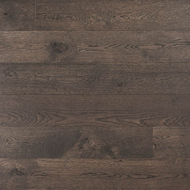 Dark brown brushed hardwood plank flooring with visible natural grain and staggered seams.