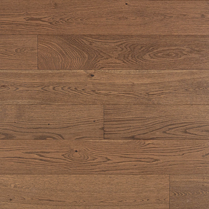 Ladson Clayborne brushed engineered hardwood flooring with warm medium-brown oak grain, natural knots and staggered plank joints.