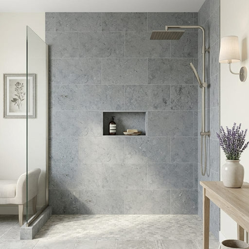 Lagos Blue Azul 12x24 Honed Limestone Tile — Bathroom shower wall