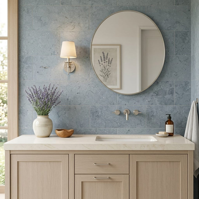 Lagos Blue Azul 12x24 Honed Limestone Tile — Bathroom vanity wall