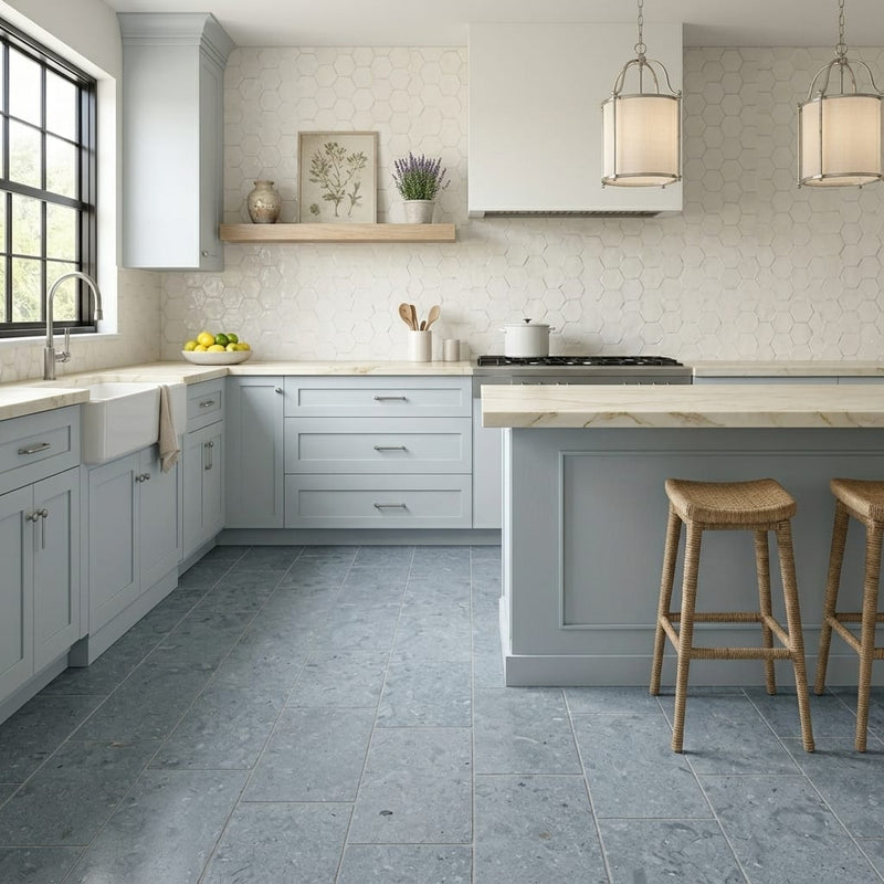 Lagos Blue Azul 12x24 Honed Limestone Tile — Kitchen floor