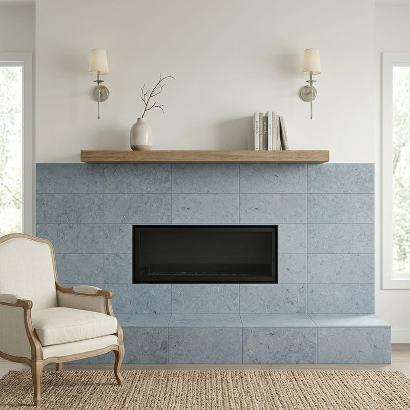 Lagos Blue Azul 12x24 Honed Limestone Tile — Living Room fireplace surround