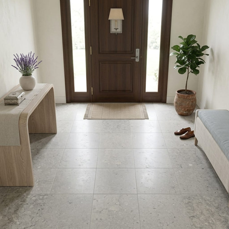 Lagos Blue Azul 18x18 Honed Limestone Tile — Foyer floor