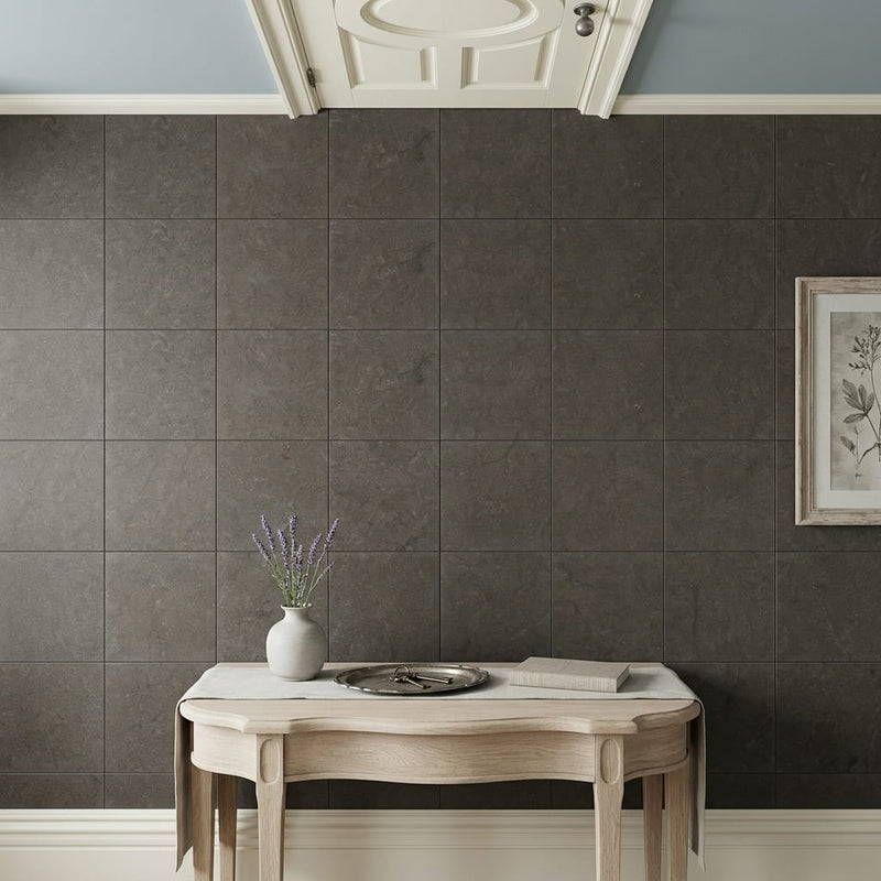 Lagos Blue Limestone Tile 12x12 Honed 3/8 inch — Hallway floor