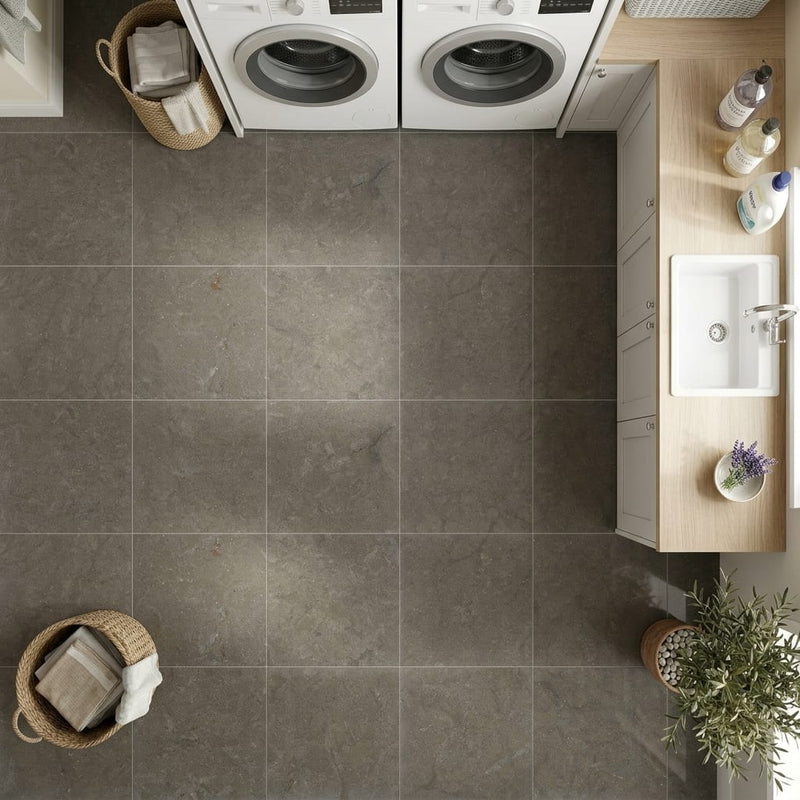 Lagos Blue Limestone Tile 12x12 Honed 3/8 inch — Laundry Room floor
