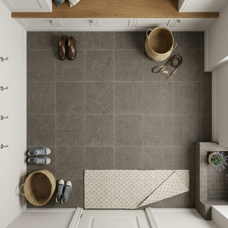 Lagos Blue Limestone Tile 12x12 Honed 3/8 inch — Mudroom floor