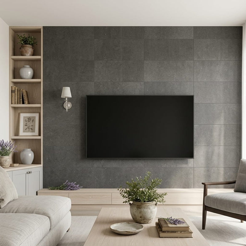 Lagos Blue Limestone Tile 12x24 Honed 3/8 inch — Living Room feature wall