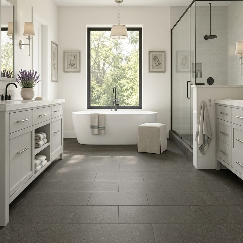 Lagos Blue Limestone Tile 12x24 Honed 3/8 inch — Primary Bath floor