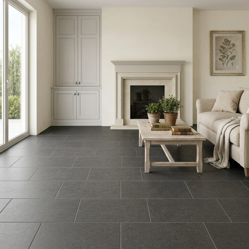 Lagos Blue Limestone Tile 12x24 Leathered 3/8 inch — Living Room floor