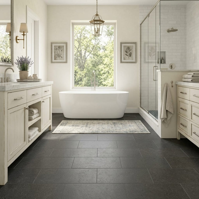 Lagos Blue Limestone Tile 12x24 Leathered 3/8 inch — Primary Bath floor