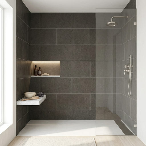 Lagos Blue Limestone Tile 18x36 Honed 3/8 inch — Bathroom shower wall